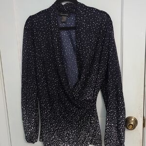 Ashley Stewart Sz12 Dark Blue and White Dotted Deep V Neck Top